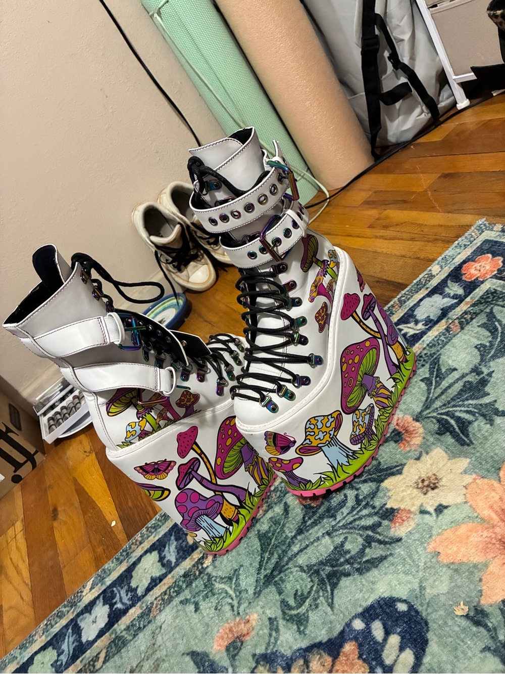 Dolls Kill White Platform Lace-Up Boots with Pink & Yellow Mushroom Print - Picture 3 of 5